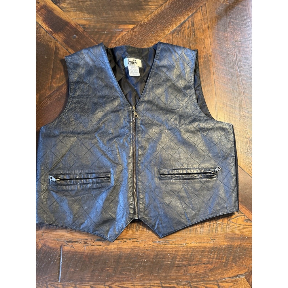 City Streets Vintage Black Leather & Wool Biker Diamond Stitch Zip Up Vest Large